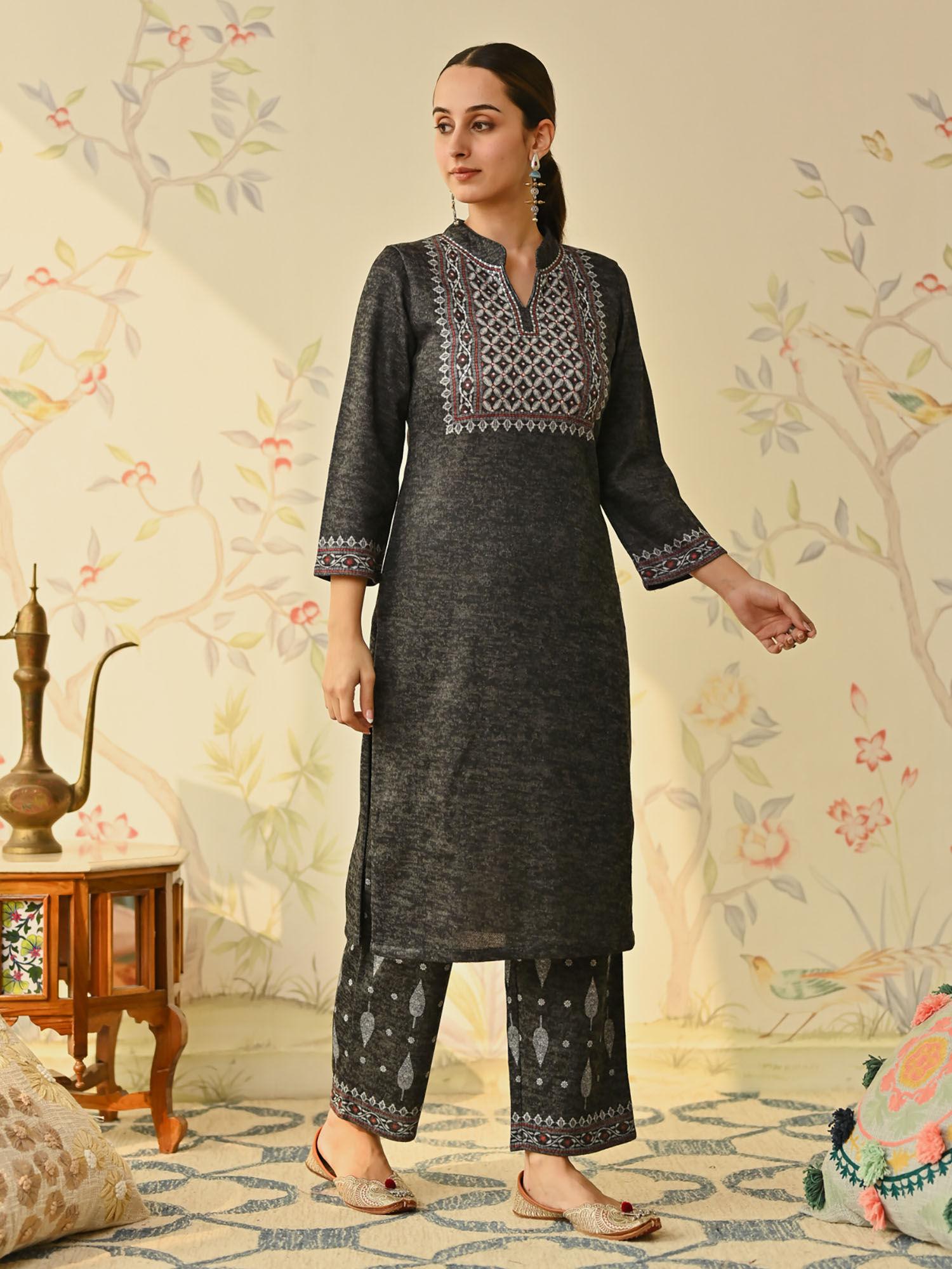 black embroidered & monotone woollen kurta