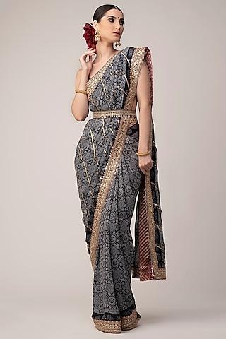 black embroidered & printed saree set