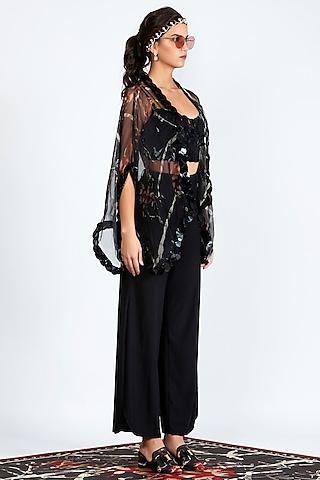 black embroidered & printed sheer cape