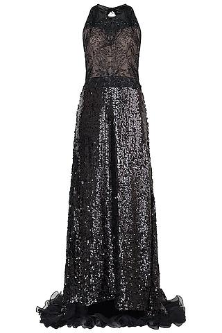 black embroidered a-line gown