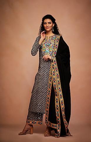 black embroidered a-line kurta set