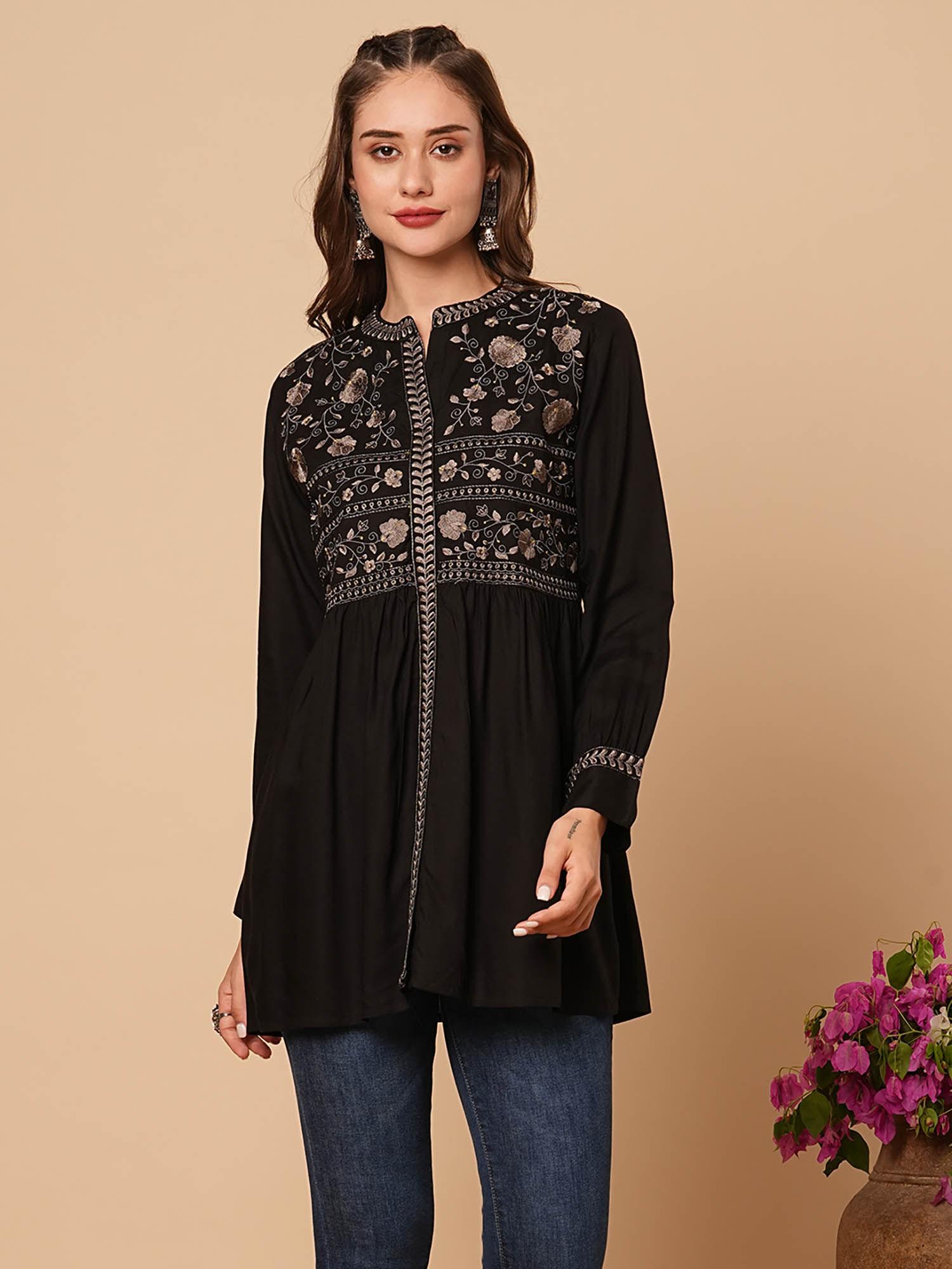 black embroidered a-line pleated short kurti