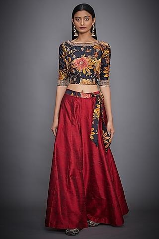 black embroidered blouse with burgundy pants