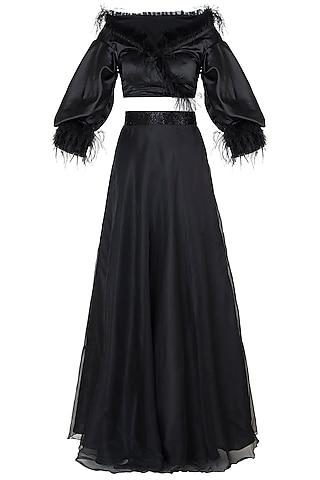 black embroidered blouse with lehenga skirt