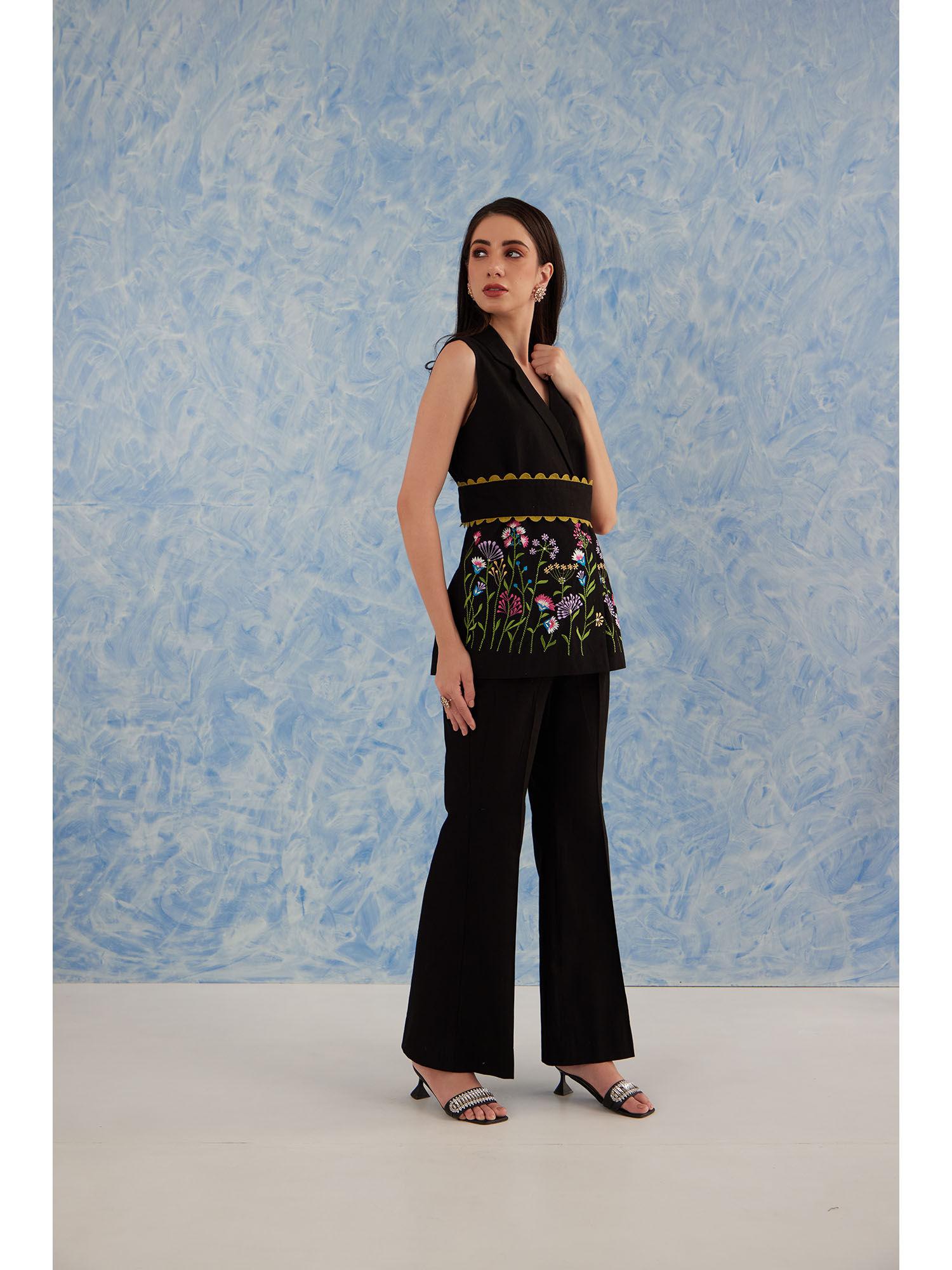 black embroidered botanical black co-ord (set of 3)