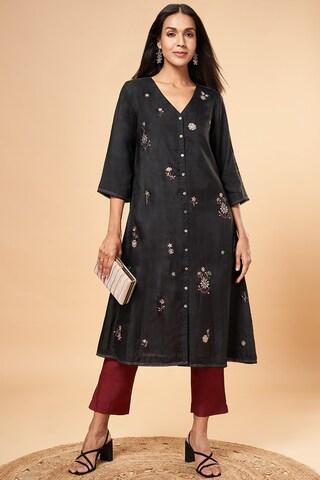 black embroidered calf-length  ethnic women comfort fit  kurta