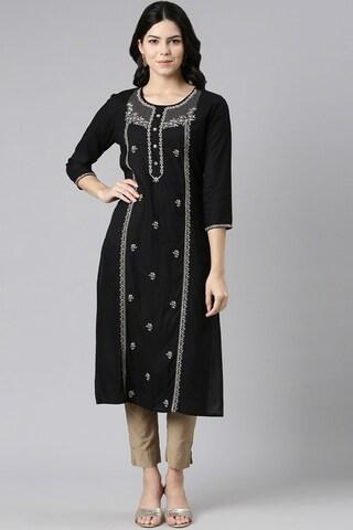 black embroidered calf-length casual women straight fit kurta