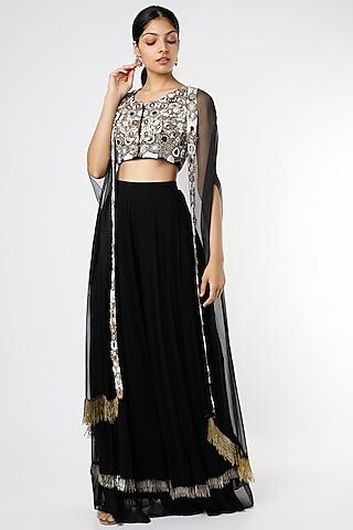 black embroidered cape set