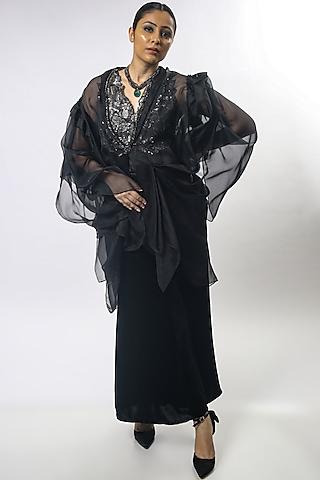 black embroidered cape set