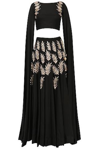 black embroidered cape sleeves crop top and lehenga set