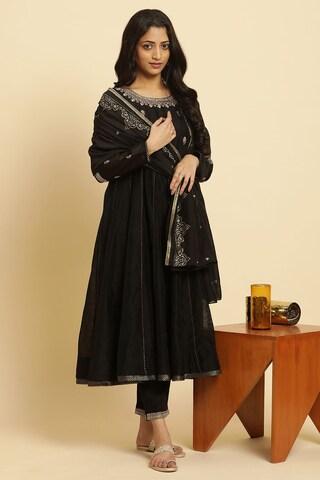 black embroidered casual 3/4th sleeves round neck women regular fit pant kurta dupatta set