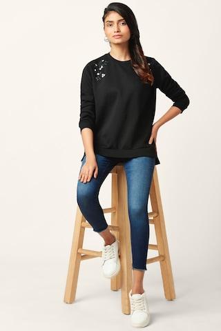 black embroidered casual full sleeves crew neck women regular fit sweatshirt