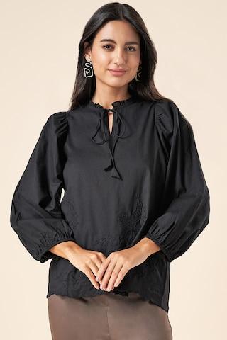 black embroidered casual full sleeves tie-up neck women regular fit  tunic