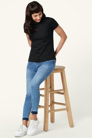 black embroidered casual half sleeves round neck women regular fit t-shirt