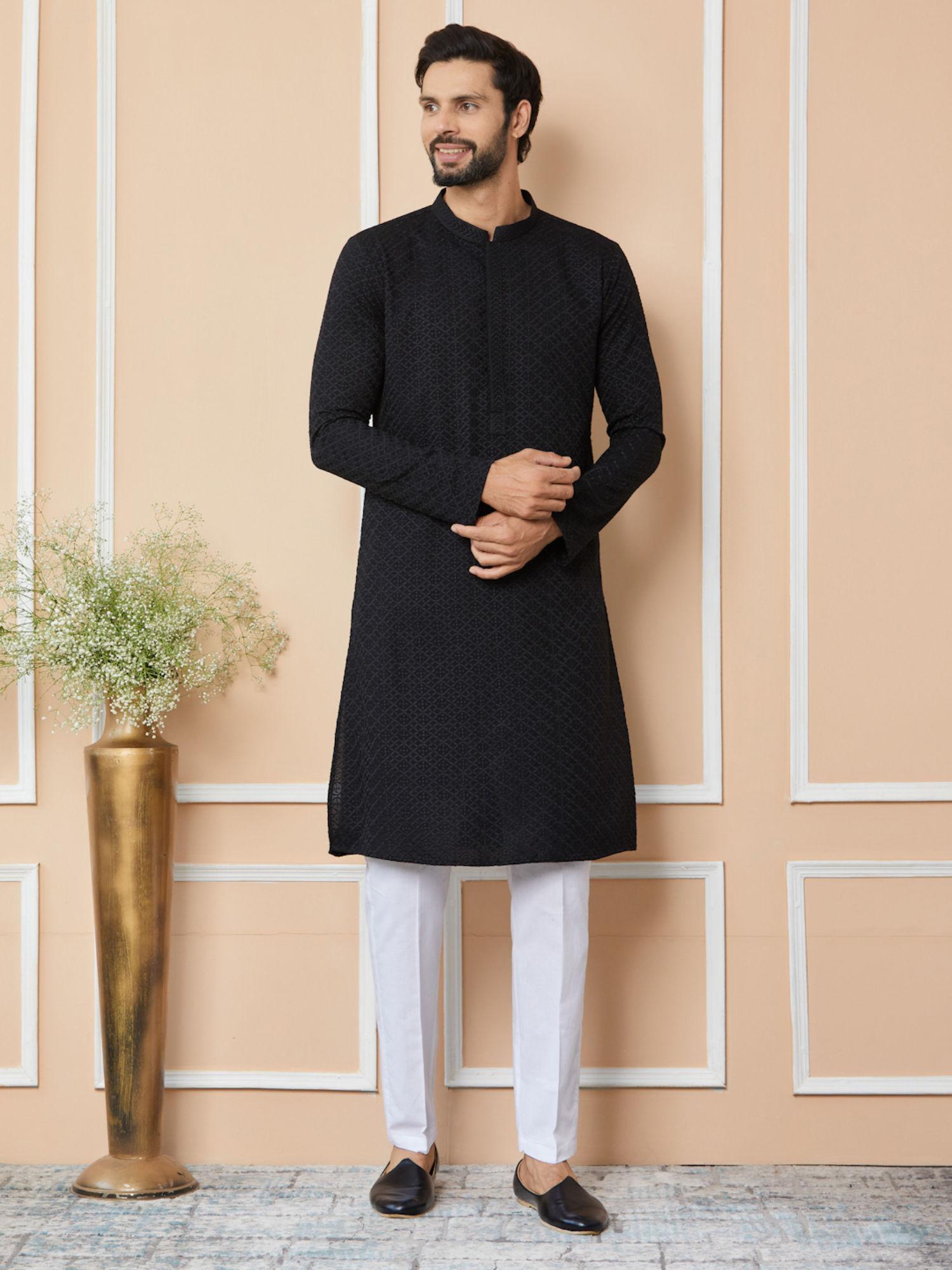 black embroidered chikankari rayon kurta with pyjama (set of 2)