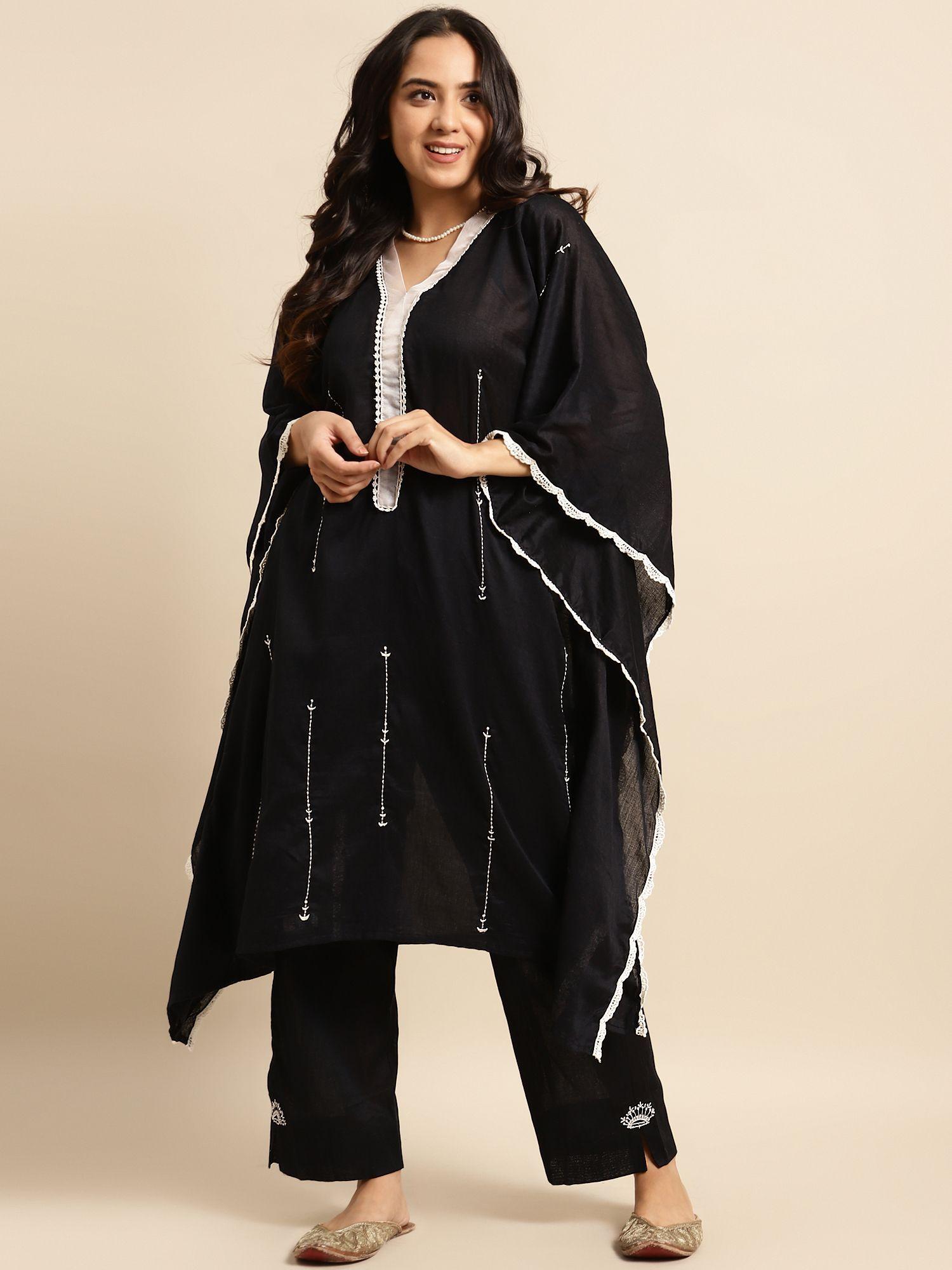 black embroidered cotton kaftan 2 pcs set