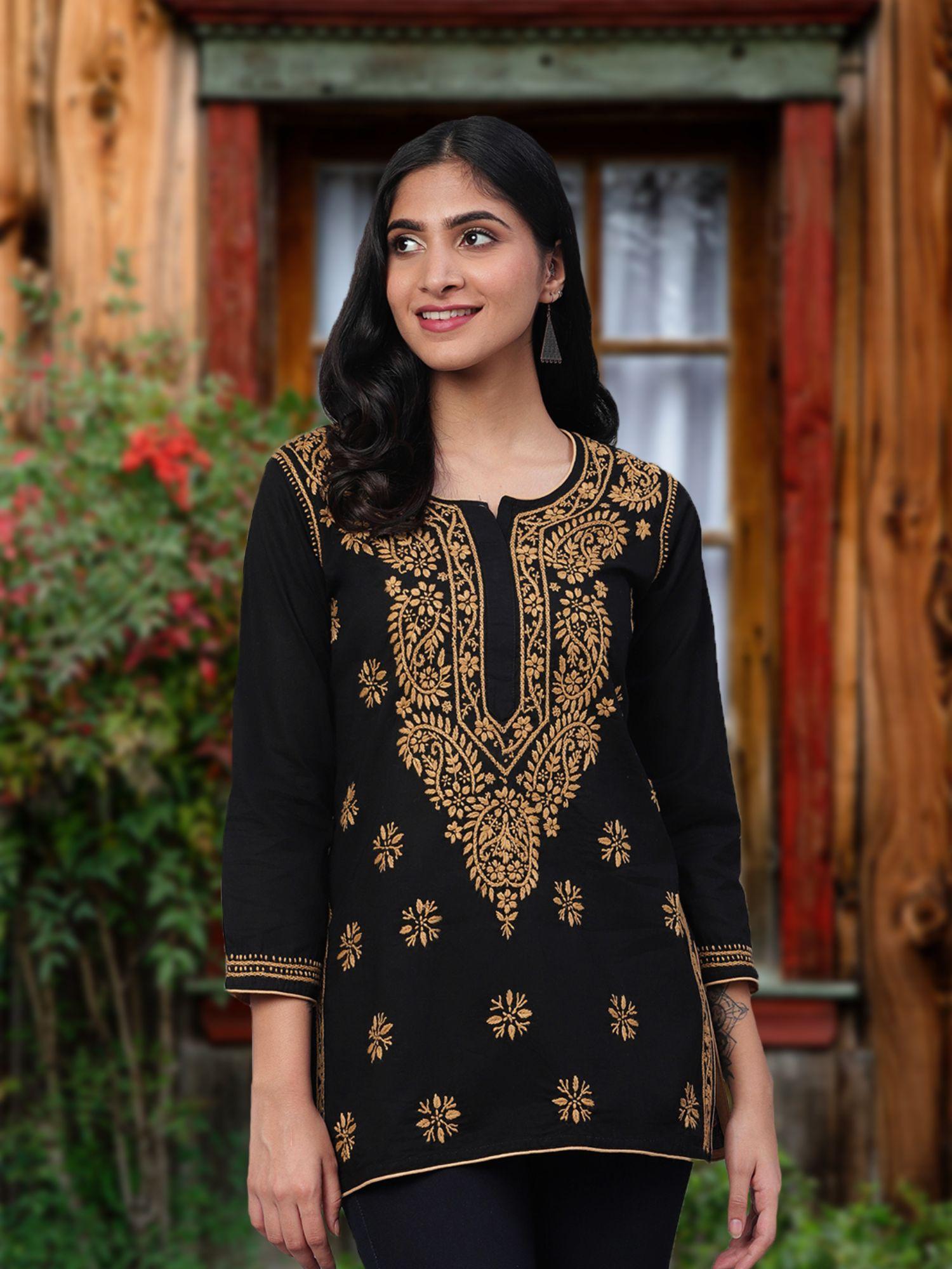 black embroidered cotton lucknow chikan kurti (xxs) (a250295)