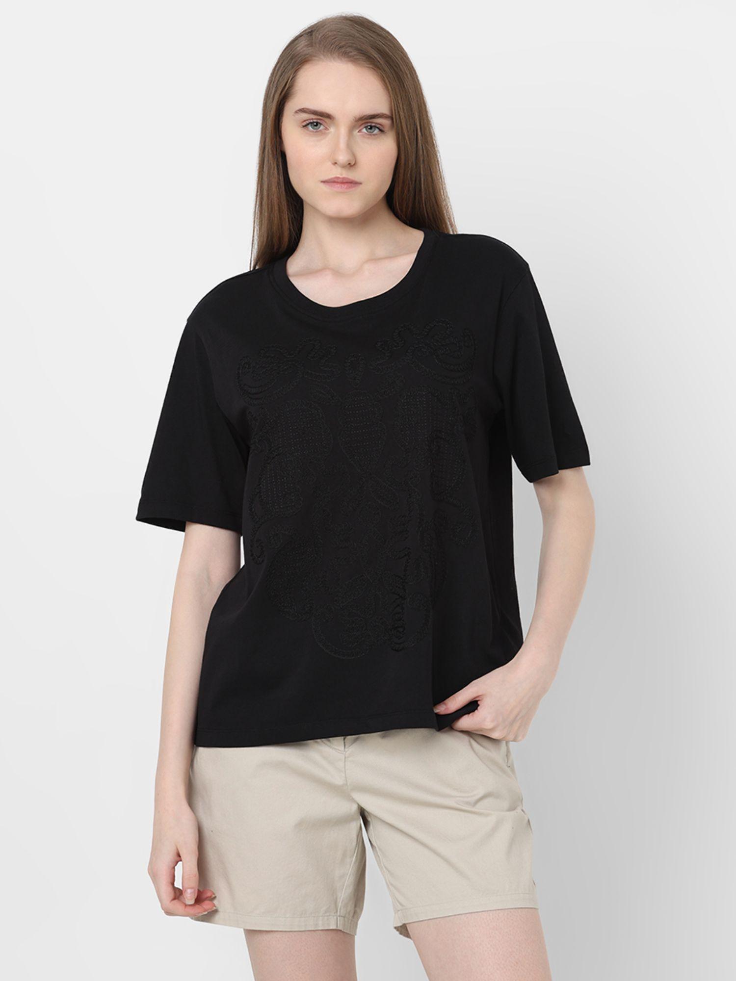 black embroidered cotton t-shirt