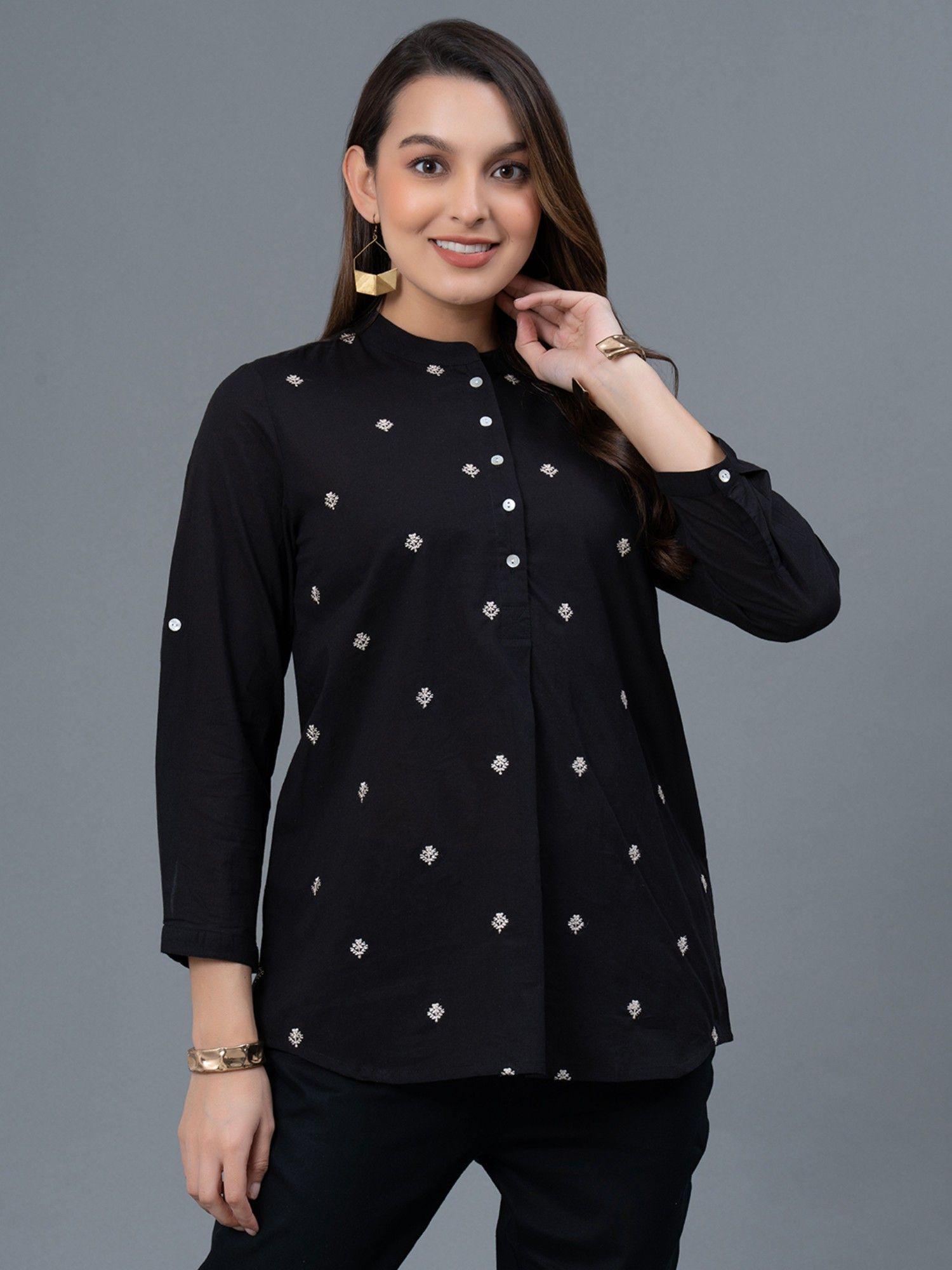 black embroidered cotton womens blouse and top