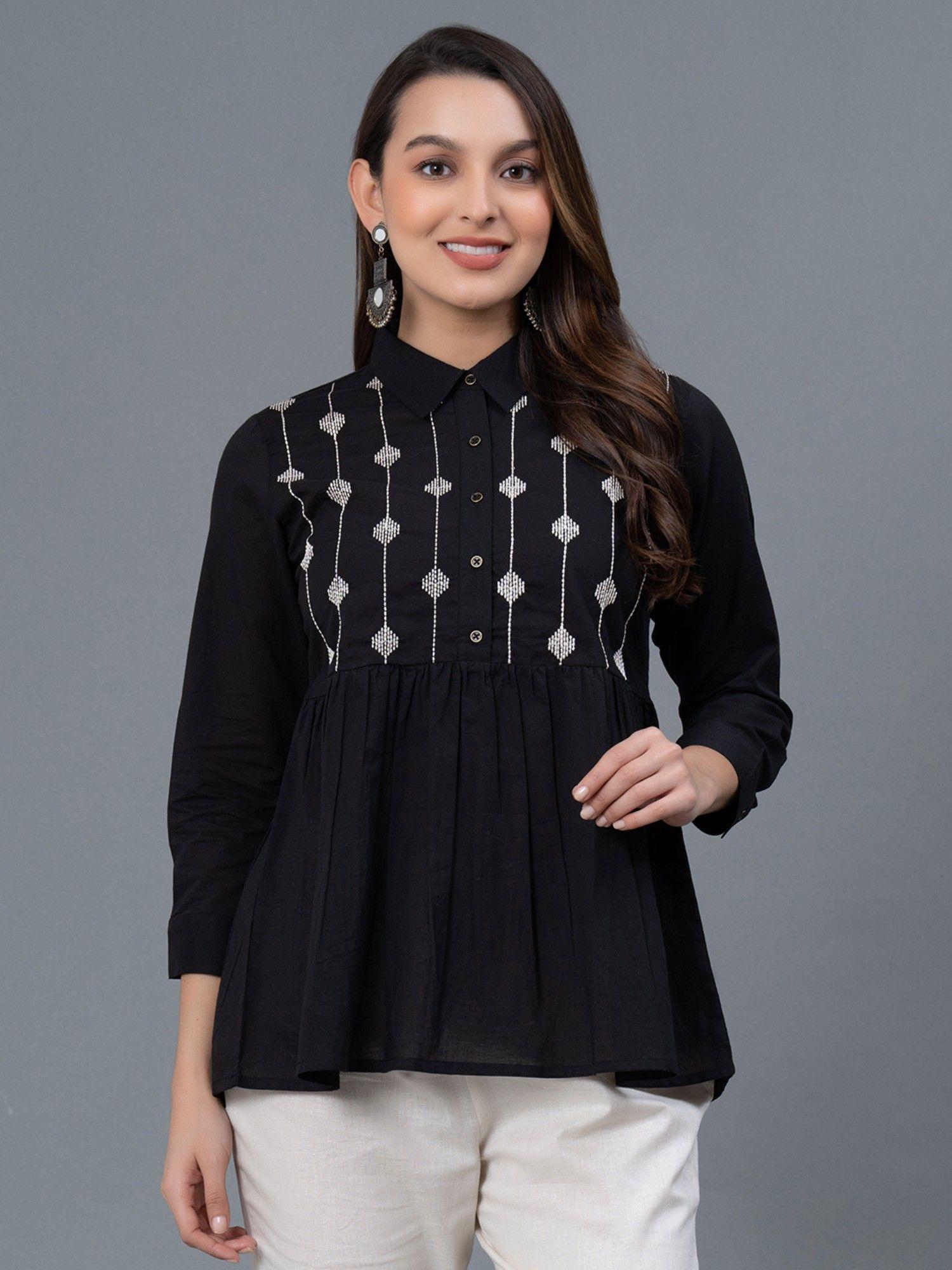 black embroidered cotton womens blouse and top