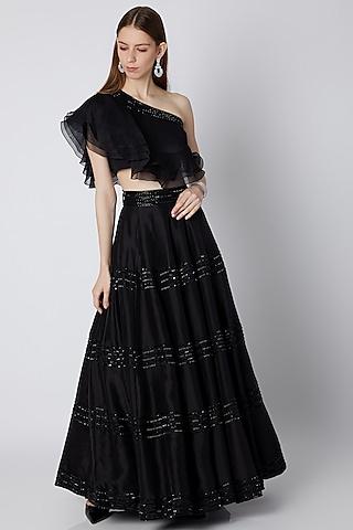 black embroidered crop top with lehenga skirt