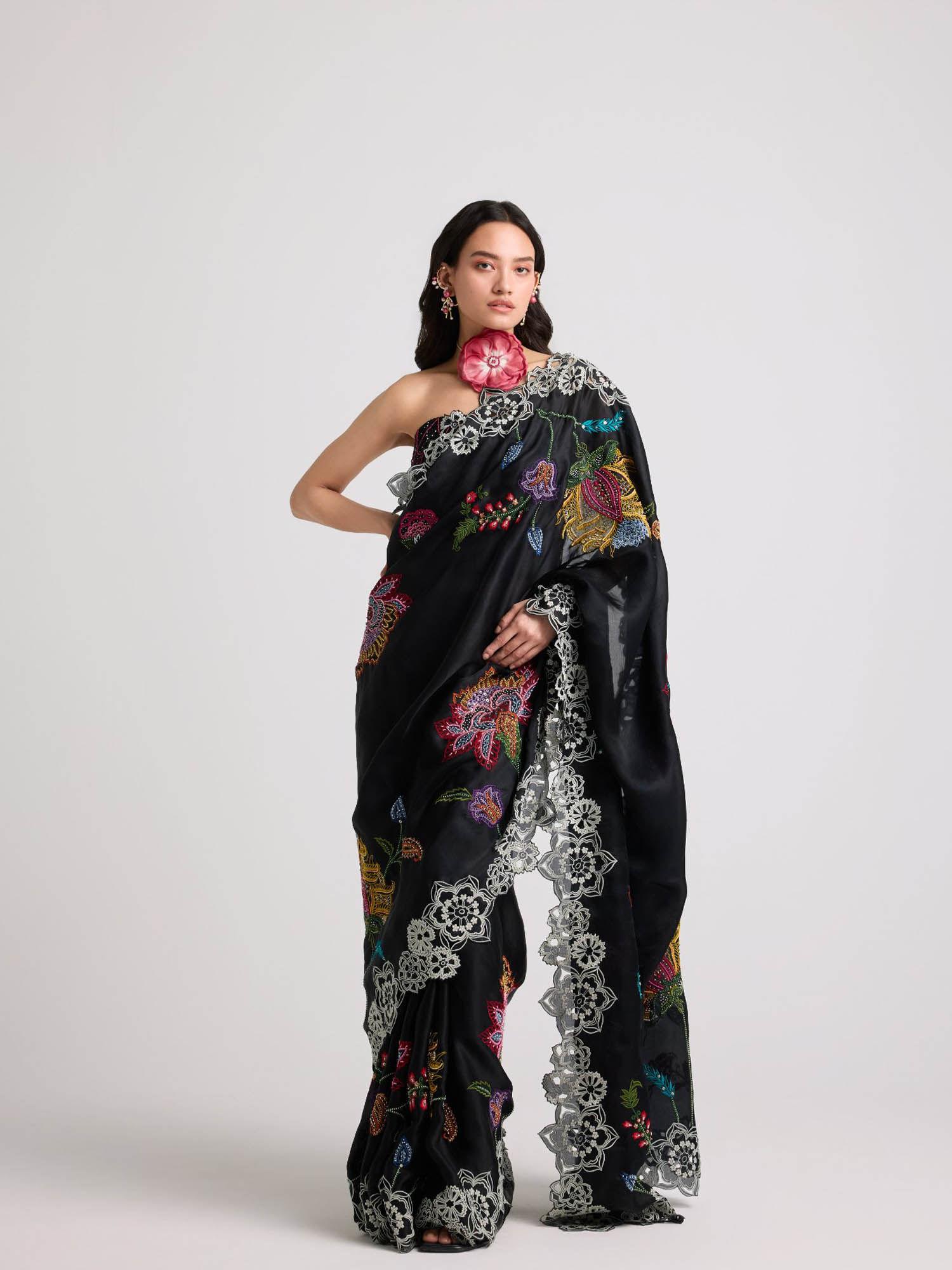 black embroidered cutwork saree with unstitched blouse