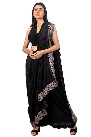 black embroidered draped saree set