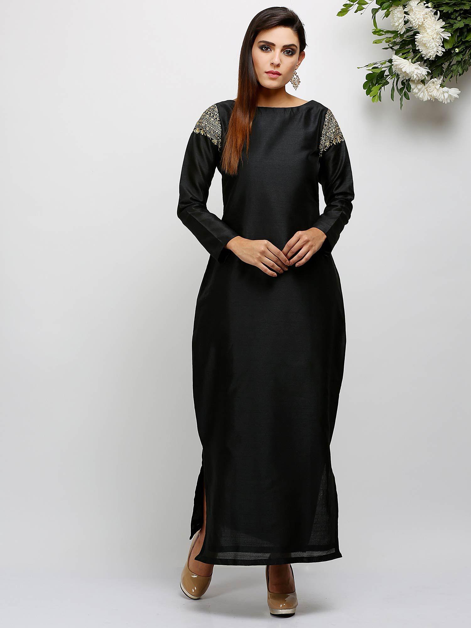 black embroidered dress