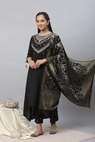 black embroidered ethnic 3/4th sleeves round neck women regular fit pant kurta dupatta set