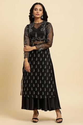 black embroidered ethnic full sleeves round neck women slim fit skirt kurta set