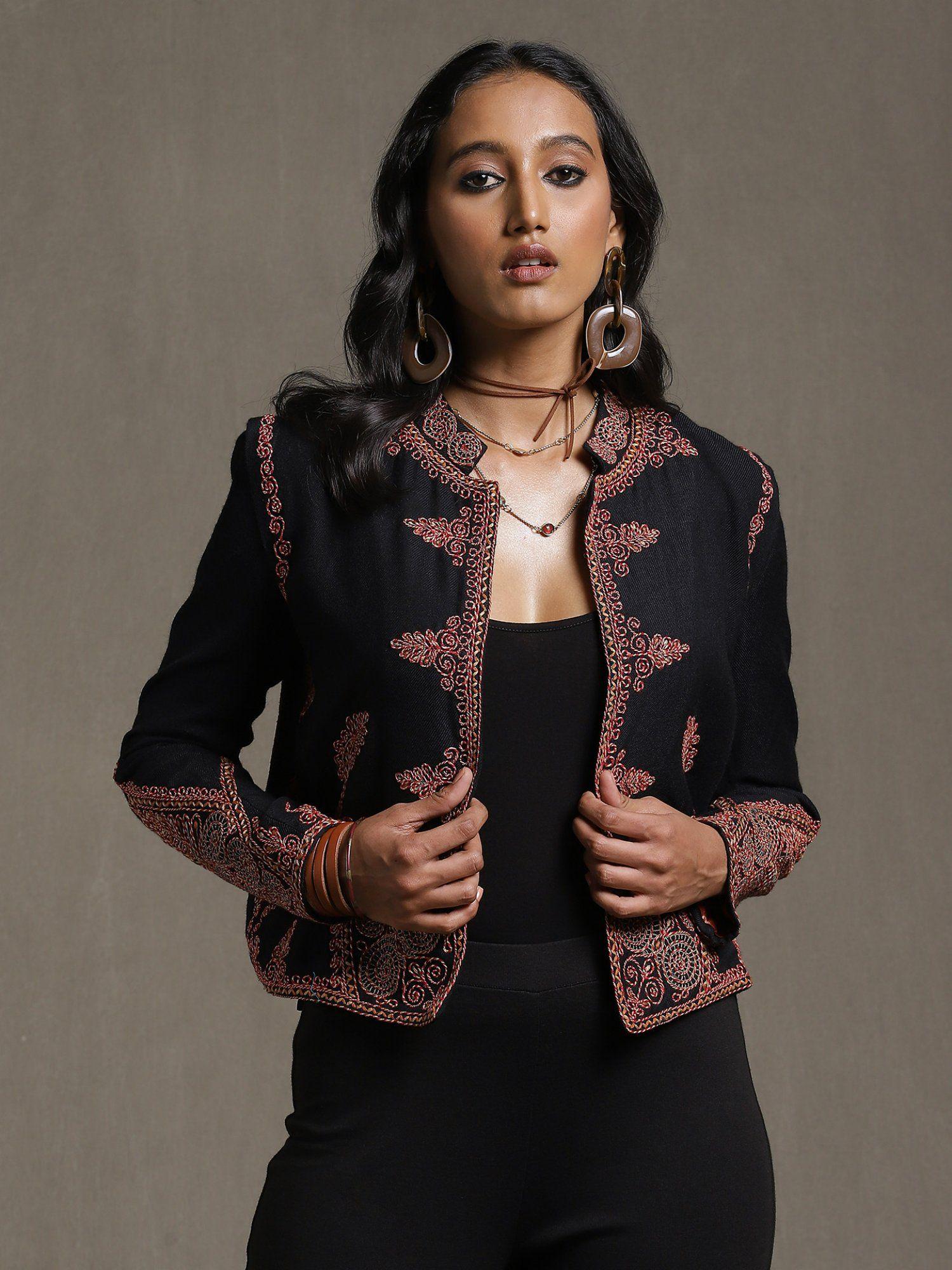 black embroidered front open jacket