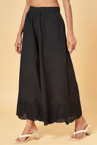 black embroidered full length casual women regular fit palazzo