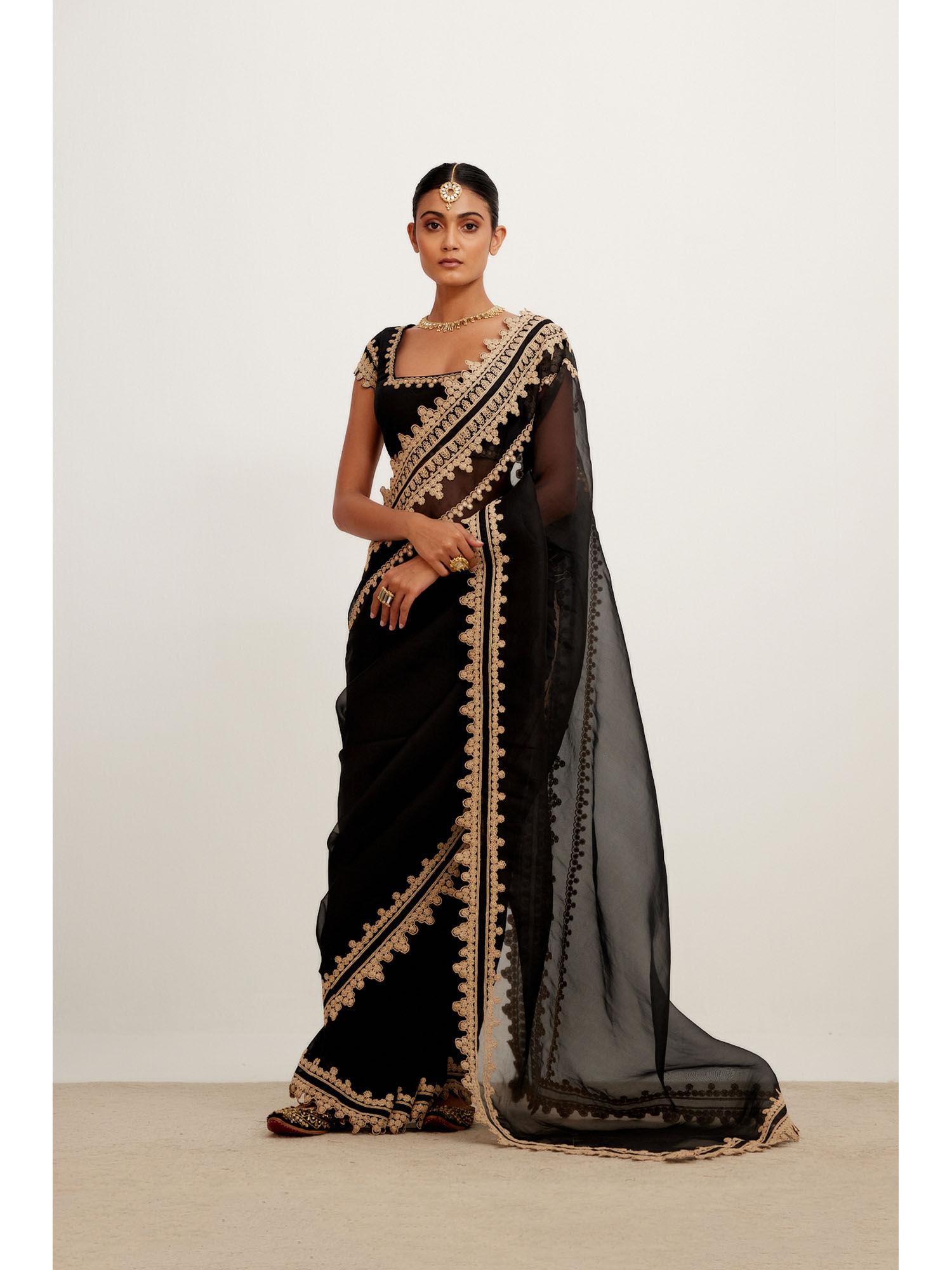 black embroidered georgette organza saree with stitched blouse (set of 2)