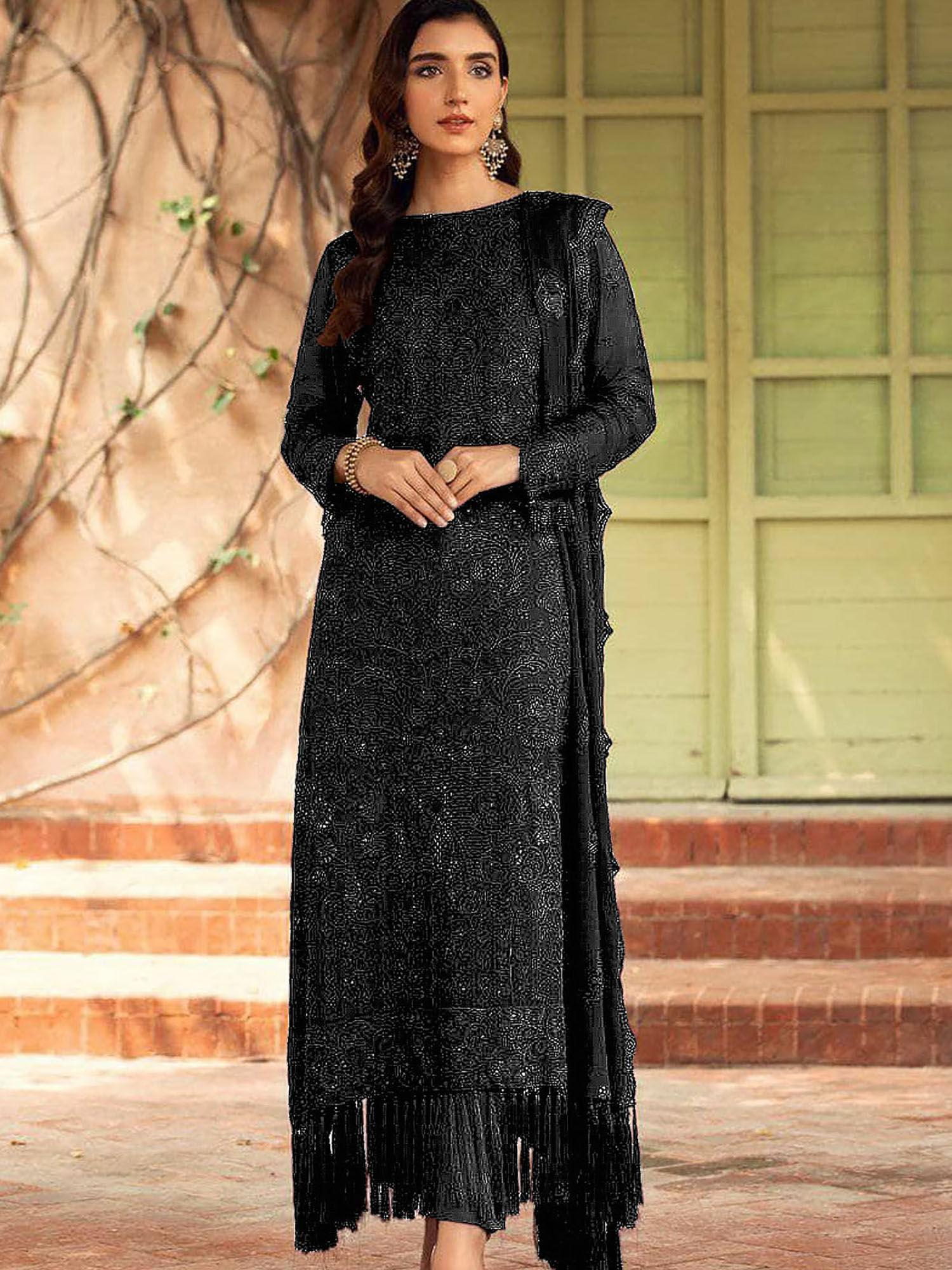 black embroidered georgette semi stitched dress material (set of 3)