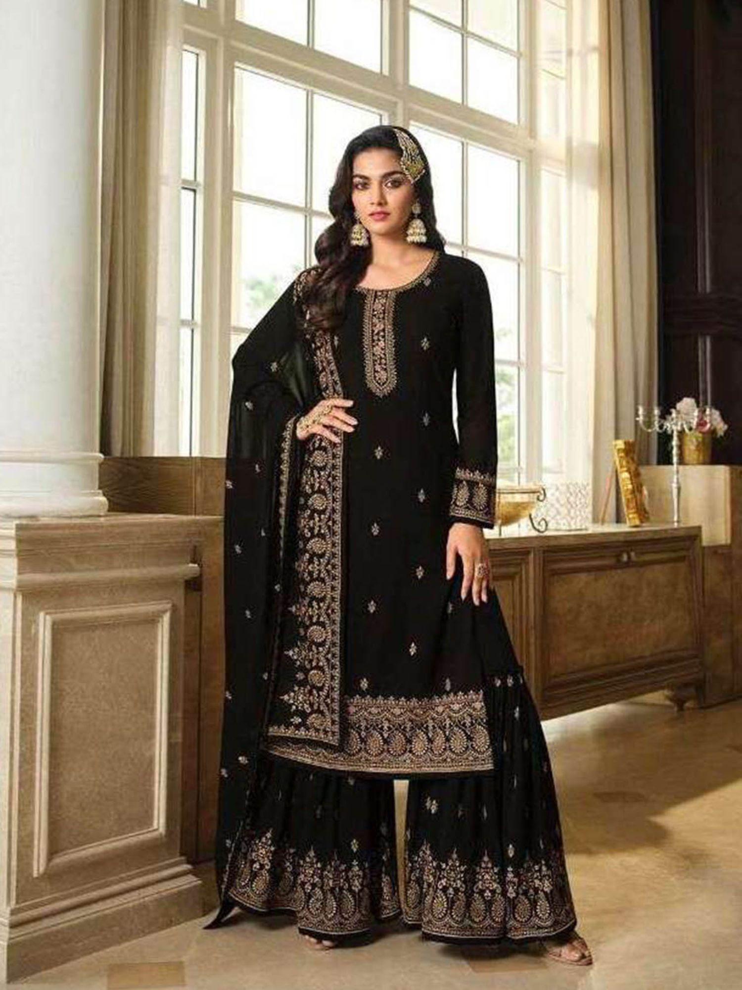 black embroidered georgette sharara style semi-stitched salwar suit (set of 3)