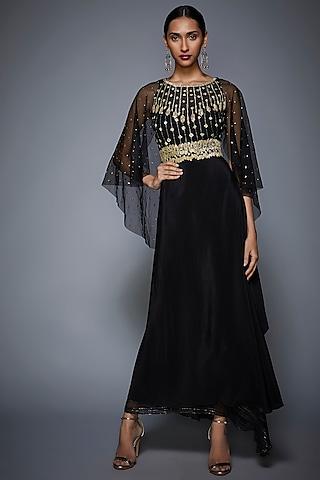 black embroidered gown with attached cape