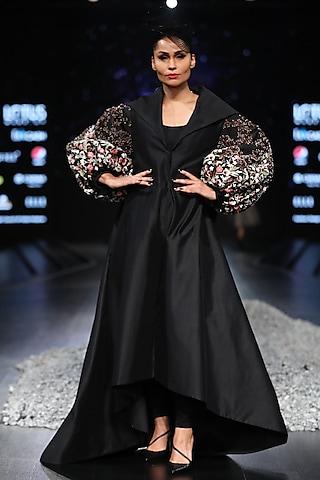 black embroidered gown with balloon sleeves