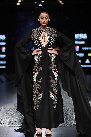 black embroidered gown with bell sleeves