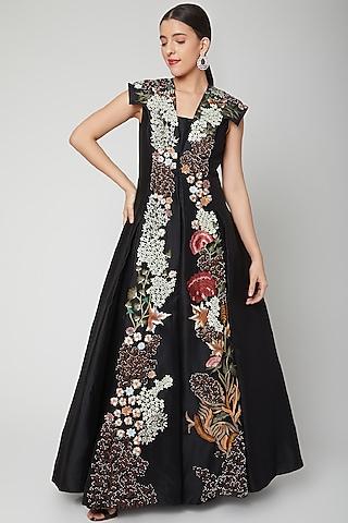 black embroidered gown with front opening