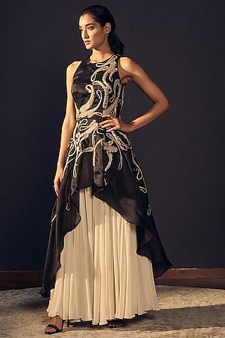 black embroidered gown with ivory sharara pants