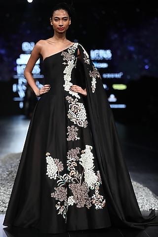 black embroidered gown with long sleeve