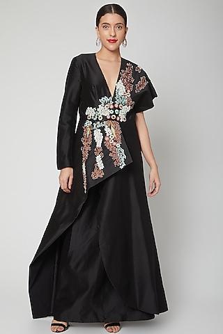 black embroidered gown with pleats