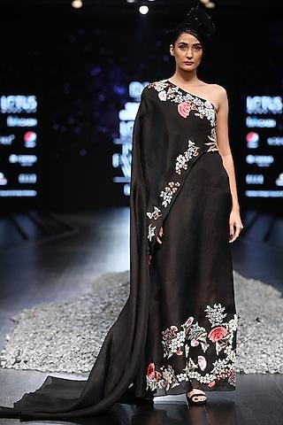 black embroidered gown with trail sleeve