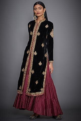 black embroidered jacket with burgundy dress