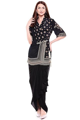 black embroidered jacket with dhoti skirt