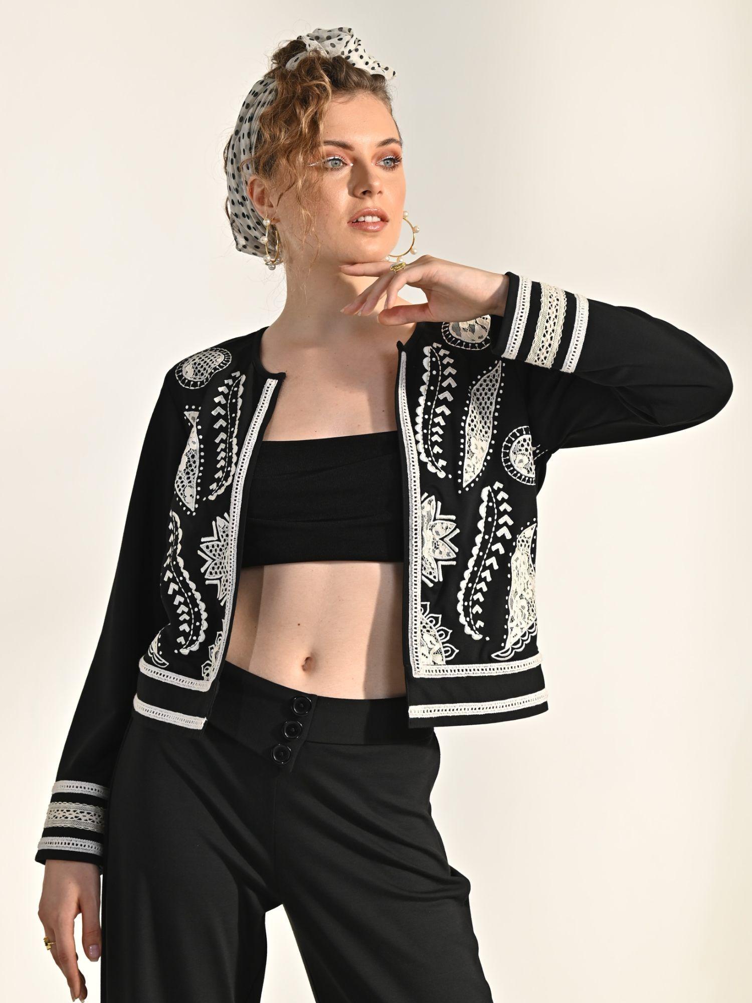 black embroidered jersey knit jacket