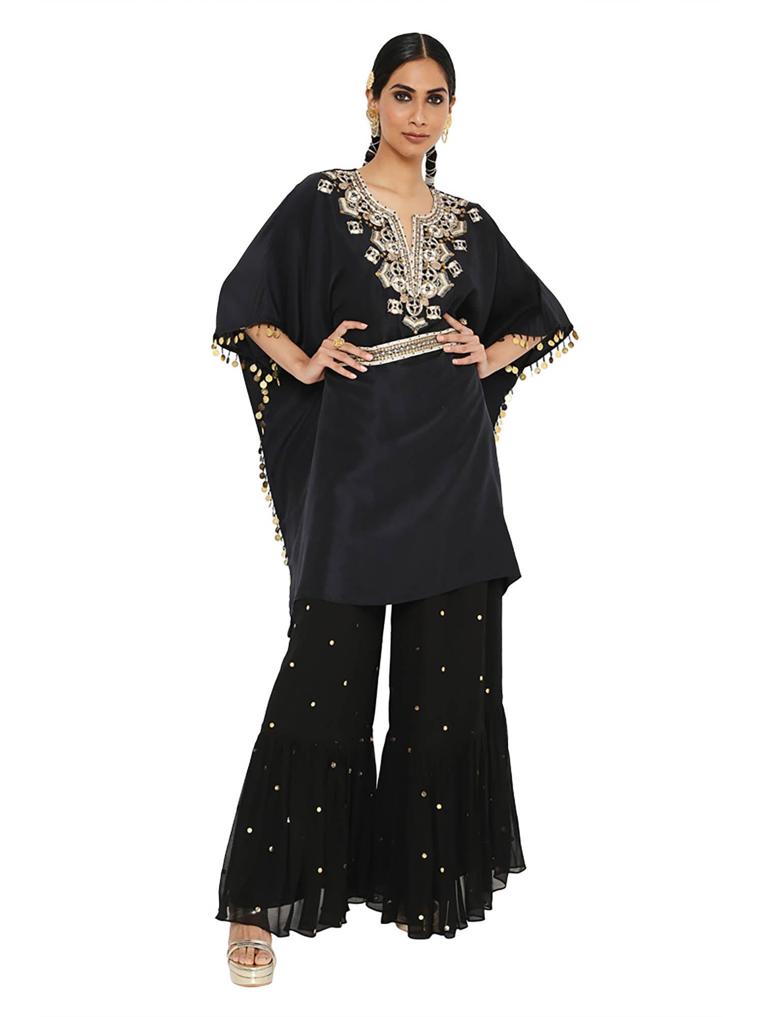 black embroidered kaftan with sharara and belt (set of 2)