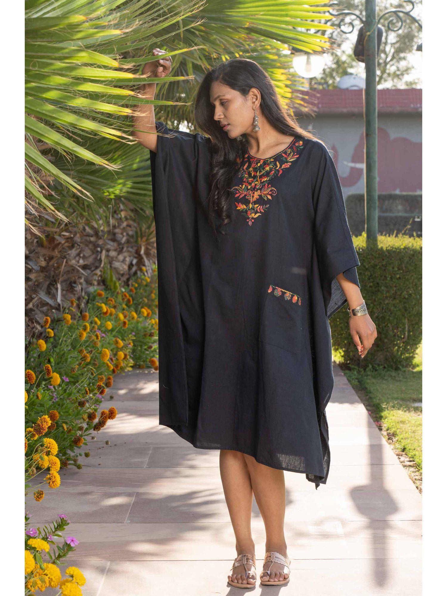 black embroidered khari cotton kaftan dress