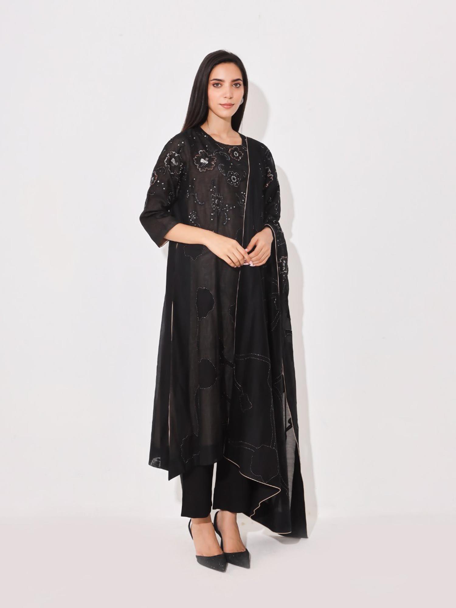 black embroidered kurta and pant with dupatta (set of 3)