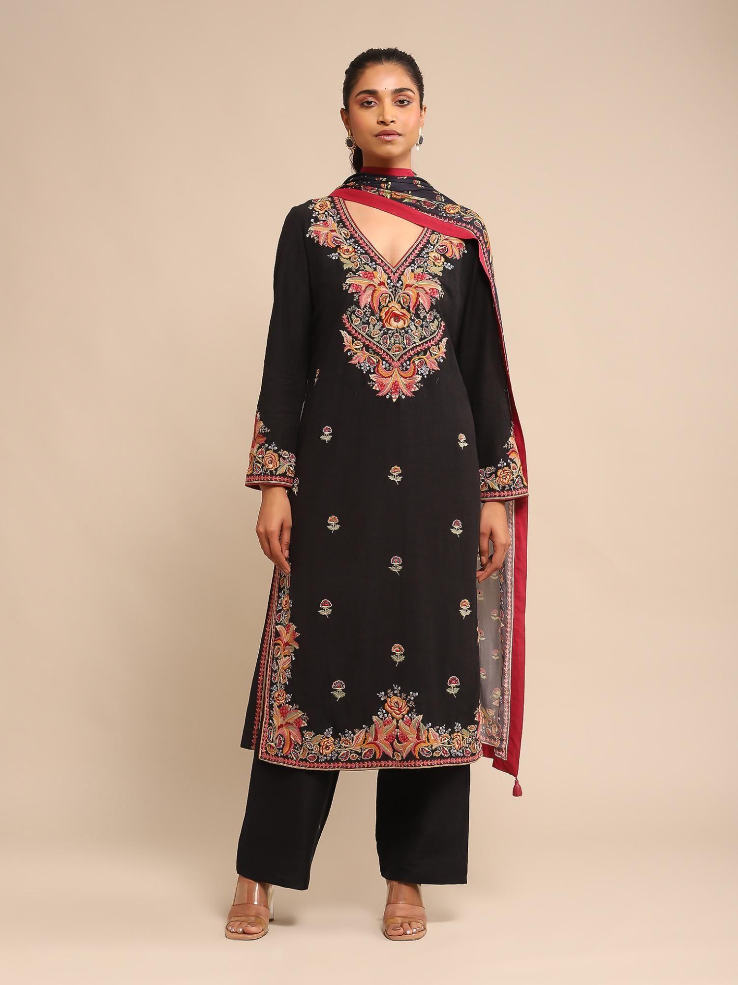black embroidered kurta with pant and dupatta (set of 3)